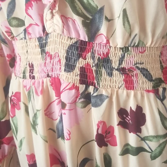 KOjOOIN Pink Floral Smocked Tiered Midi Dress SZ L - Picture 5 of 17